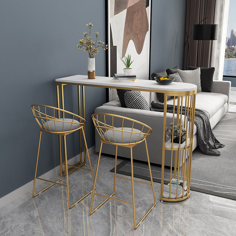 Nordic Glam Sintered Stone Table Dining Bar Counter Table for Kitchen 78.7"L x 15.7"W x 41.3"H White-Gold Without Chairs Clearhalo 'Bar Furniture' 'Bar Tables' 'bar_tables' 'furn' 'furn_bar_tables' 'Furniture' 'furniture_bar_tables' 'Kitchen & Dining Furniture' 4851874