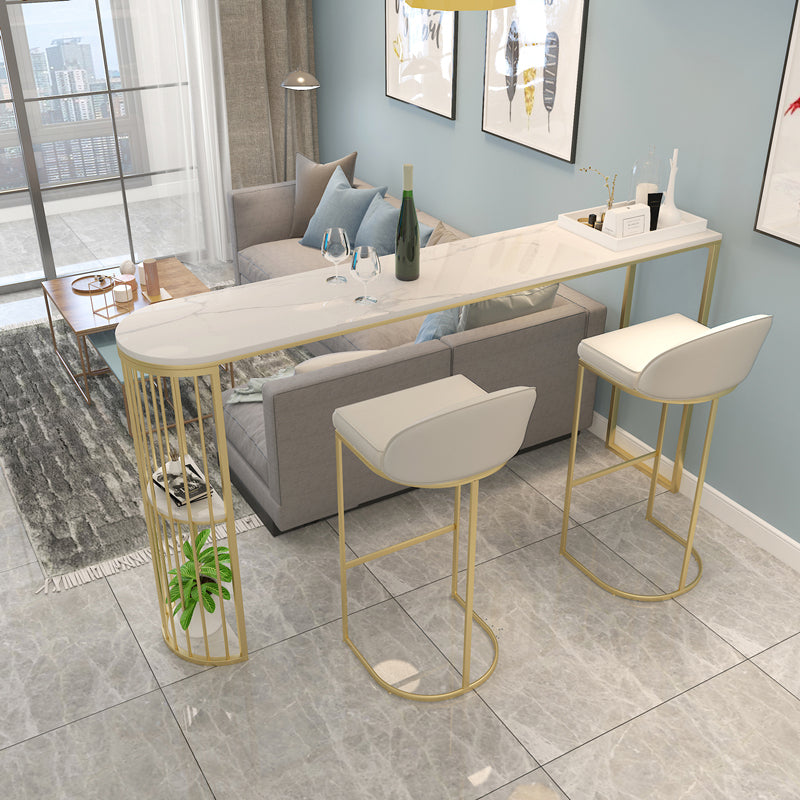 Stone Bar Dining Table Modern Oval Bar Table with Double Pedestal for Milk Tea Shop 78.7"L x 15.7"W x 41.3"H Gold Without Chairs Clearhalo 'Bar Furniture' 'Bar Tables' 'bar_tables' 'furn' 'furn_bar_tables' 'Furniture' 'furniture_bar_tables' 'Kitchen & Dining Furniture' 4851904