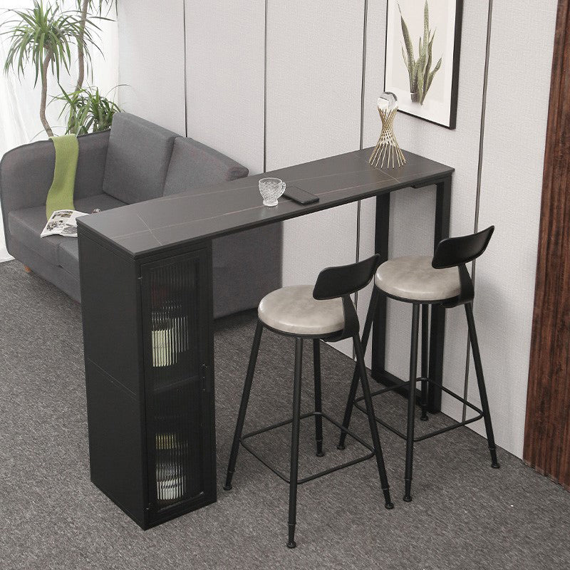 Stone Bar Dining Table Modern Rectangle Bar Table with Double Pedestal for Living Room 78.7"L x 15.7"W x 41.3"H Gold-Black Without Chairs Clearhalo 'Bar Furniture' 'Bar Tables' 'bar_tables' 'furn' 'furn_bar_tables' 'Furniture' 'furniture_bar_tables' 'Kitchen & Dining Furniture' 4851951