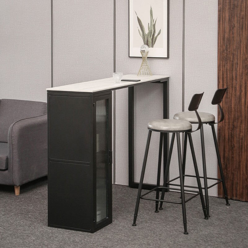 Stone Bar Dining Table Modern Rectangle Bar Table with Double Pedestal for Living Room 86.6"L x 15.7"W x 41.3"H White-Gold Without Chairs Clearhalo 'Bar Furniture' 'Bar Tables' 'bar_tables' 'furn' 'furn_bar_tables' 'Furniture' 'furniture_bar_tables' 'Kitchen & Dining Furniture' 4851952