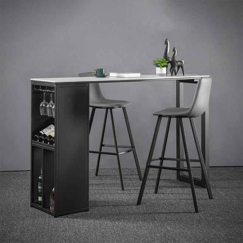 Industrial Style Bar Table Stone Top 42-inch Height Pub Table with Wine Glass Shelf White 86.6"L x 15.7"W x 41.3"H Clearhalo 'Bar Furniture' 'Bar Tables' 'bar_tables' 'Furniture' 'furniture_bar_tables' 'Kitchen & Dining Furniture' 4852232