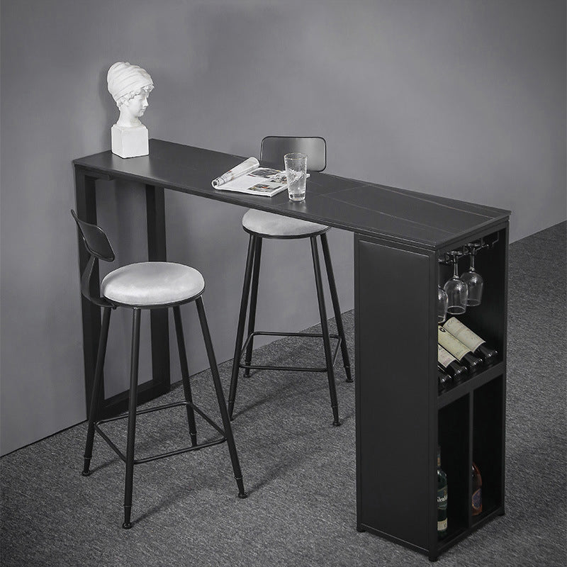 Industrial Style Bar Table Stone Top 42-inch Height Pub Table with Wine Glass Shelf Black 86.6"L x 15.7"W x 41.3"H Clearhalo 'Bar Furniture' 'Bar Tables' 'bar_tables' 'Furniture' 'furniture_bar_tables' 'Kitchen & Dining Furniture' 4852233
