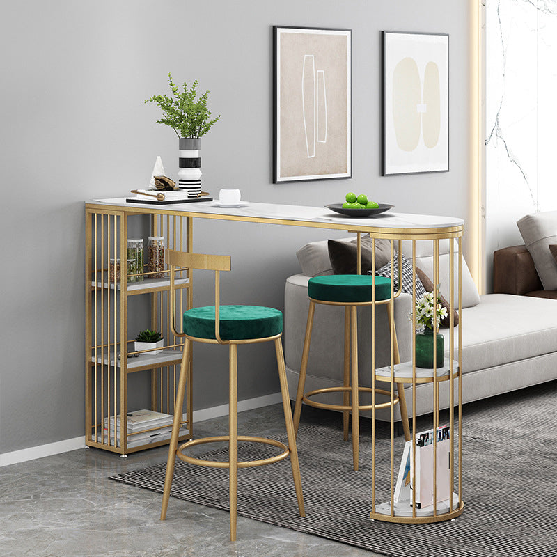 Glam Style Bar Table Stone Pub Table with Iron Shelf for Dining Room, Only Table White-Gold 70.9"L x 15.7"W x 41.3"H Clearhalo 'Bar Furniture' 'Bar Tables' 'bar_tables' 'Furniture' 'furniture_bar_tables' 'Kitchen & Dining Furniture' 4852411