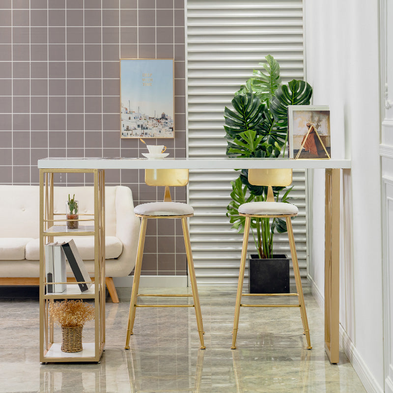 Glam Iron Bar Dining Table White Wood Rectangle Indoor Bistro Table with Shelf 63"L x 15.7"W x 41.3"H Without Chairs Clearhalo 'Bar Furniture' 'Bar Tables' 'bar_tables' 'furn' 'furn_bar_tables' 'Furniture' 'furniture_bar_tables' 'Kitchen & Dining Furniture' 4852644
