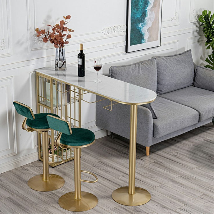 Glam Gold Iron Bistro Table White Stone Top Indoor Bar Dining Table with Shelf 63"L x 15.7"W x 41.3"H Gold Without Chairs Clearhalo 'Bar Furniture' 'Bar Tables' 'bar_tables' 'furn' 'furn_bar_tables' 'Furniture' 'furniture_bar_tables' 'Kitchen & Dining Furniture' 4852660