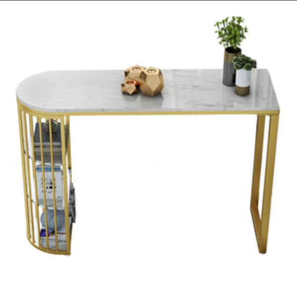 Glam Gold Iron Bistro Table Stone Top Indoor Bar Dining Table with Shelf Free Form Without Chairs Clearhalo 'Bar Furniture' 'Bar Tables' 'bar_tables' 'furn' 'furn_bar_tables' 'Furniture' 'furniture_bar_tables' 'Kitchen & Dining Furniture' 4852687