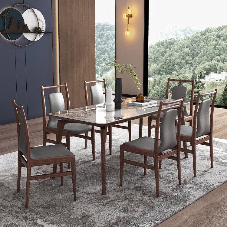 Modern Sintered Stone Top Dining Set 1/4/5/7 Pieces Walnut Dining Table with Chairs 7 Pieces: White Table, 6 Chairs Clearhalo 'Dining Room Sets' 'Dining Tables & Seating' 'dining_room_set' 'furn' 'furn_dining_room_set' 'Furniture' 'furniture_dining_room_set' 'Kitchen & Dining Furniture' 4852939