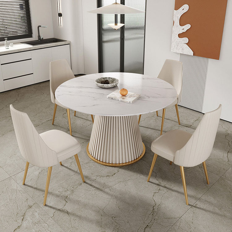 Glam 1/5 Pieces Dining Set Round Stone Dining Table for Kitchen Dining Room 5 Pieces: White Table, 4 Beige Chairs Clearhalo 'Dining Room Sets' 'Dining Tables & Seating' 'dining_room_set' 'furn' 'furn_dining_room_set' 'Furniture' 'furniture_dining_room_set' 'Kitchen & Dining Furniture' 4853286