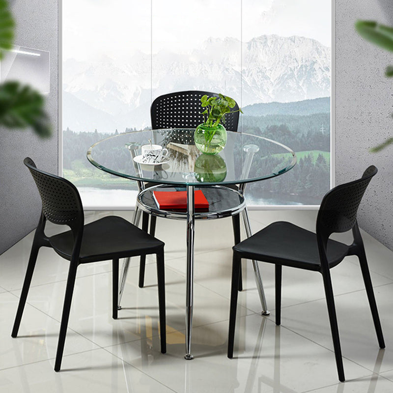 Round Glass Dining Room Collection Modern Style Tripod Base Furniture for Home Clear 31.5"L x 31.5"W x 29.5"H Without Chairs Clearhalo 'Dining Tables & Seating' 'Dining Tables' 'dining_table' 'furn' 'furn_dining_table' 'Furniture' 'furniture_dining_table' 'Kitchen & Dining Furniture' 'kitchen' 'kitchen_dining_table' 4853448