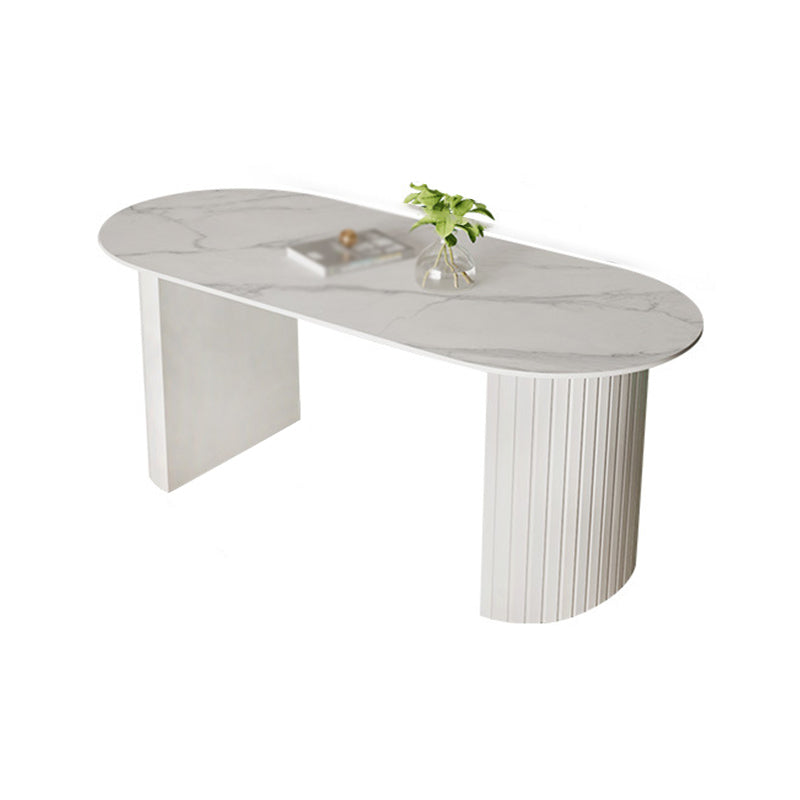 Sintered Stone Top White Table for Restaurant Modern Kitchen Table with Double Pedestal Oval Without Chairs Clearhalo 'Dining Tables & Seating' 'Dining Tables' 'dining_table' 'furn' 'furn_dining_table' 'Furniture' 'furniture_dining_table' 'Kitchen & Dining Furniture' 'kitchen' 'kitchen_dining_table' 4853474
