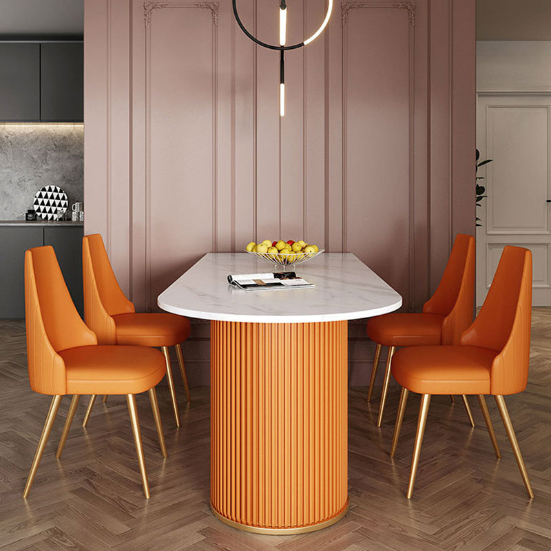 Free Form Sintered Stone Table for Restaurant Luxury White Top Table with Double Pedestal 63"L x 31.5"W x 29.5"H Orange Clearhalo 'Dining Tables & Seating' 'Dining Tables' 'dining_table' 'Furniture' 'furniture_dining_table' 'Kitchen & Dining Furniture' 'kitchen' 'kitchen_dining_table' 4853541