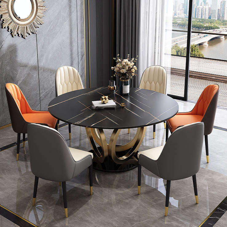 Glam Restaurant Sintered Stone Table Round Pedestal Dining Table Stone Black Gold Clearhalo 'Dining Tables & Seating' 'Dining Tables' 'dining_table' 'furn' 'furn_dining_table' 'Furniture' 'furniture_dining_table' 'Kitchen & Dining Furniture' 'kitchen' 'kitchen_dining_table' 4853667