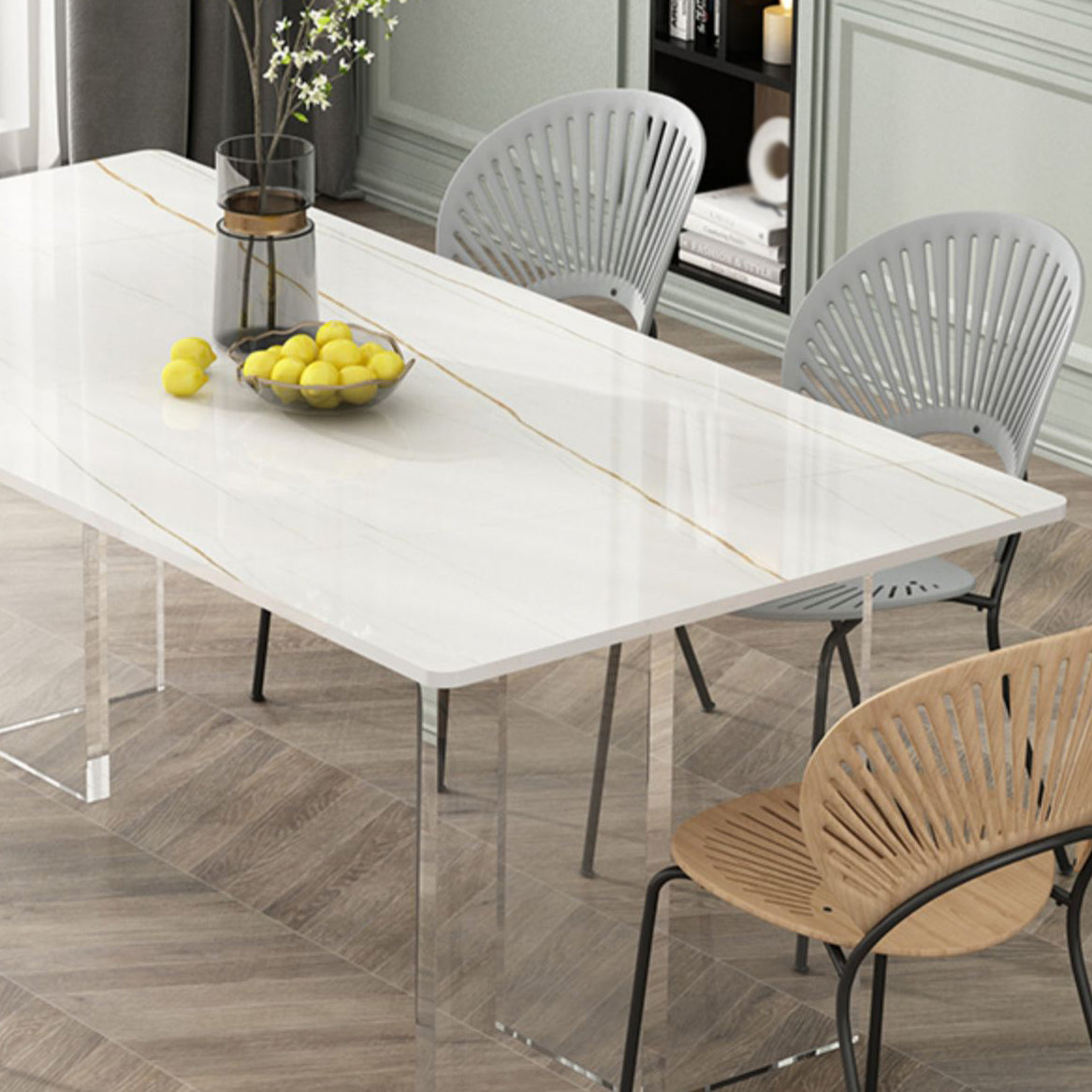 Modern Stone Top Dining Table Rectangle Acrylic Base Counter Dining Table Clearhalo 'Dining Tables & Seating' 'Dining Tables' 'dining_table' 'furn' 'furn_dining_table' 'Furniture' 'furniture_dining_table' 'Kitchen & Dining Furniture' 'kitchen' 'kitchen_dining_table' 4853804