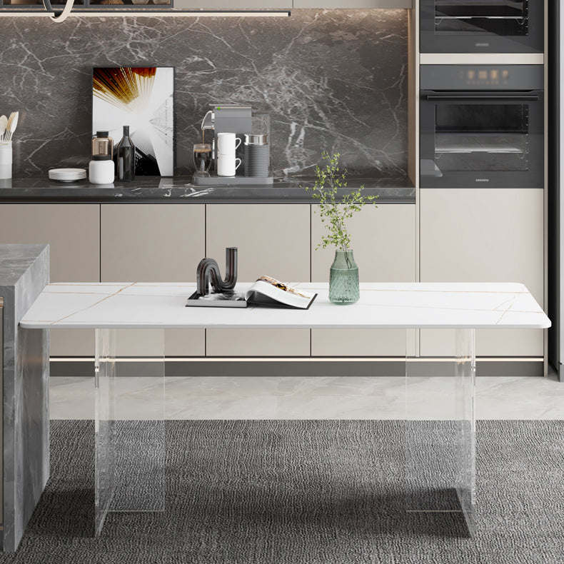 Rectangle Stone Modern Dining table Clear Double Pedestal Dining Table White 70.9"L x 31.5"W x 29.5"H Without Chairs Clearhalo 'Dining Tables & Seating' 'Dining Tables' 'dining_table' 'furn' 'furn_dining_table' 'Furniture' 'furniture_dining_table' 'Kitchen & Dining Furniture' 'kitchen' 'kitchen_dining_table' 4853832