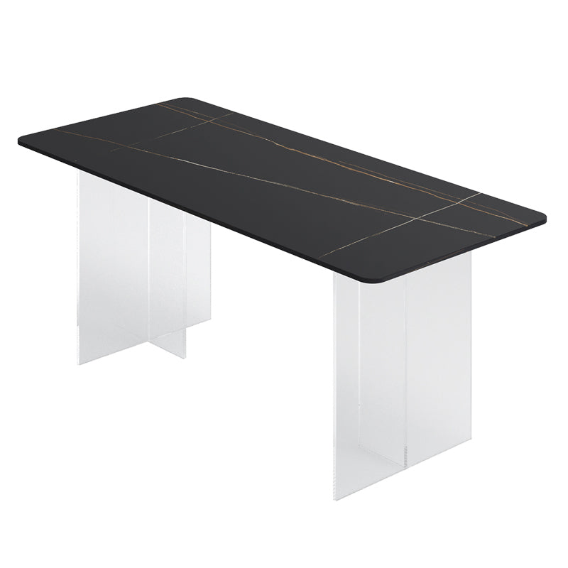 Rectangle Stone Modern Dining table Clear Double Pedestal Dining Table Black Without Chairs Clearhalo 'Dining Tables & Seating' 'Dining Tables' 'dining_table' 'furn' 'furn_dining_table' 'Furniture' 'furniture_dining_table' 'Kitchen & Dining Furniture' 'kitchen' 'kitchen_dining_table' 4853834