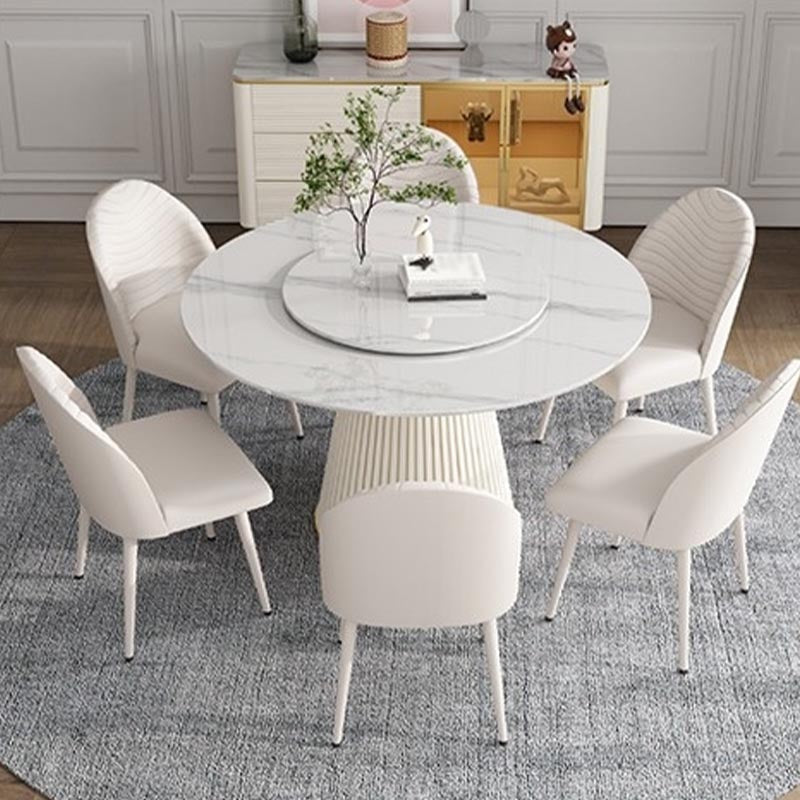 Modern Round Dinette Table Metal Base Pedestal Stone Top Dining Table in White Matte White 39.4"L x 39.4"W x 29.5"H Without Chairs Clearhalo 'Dining Tables & Seating' 'Dining Tables' 'dining_table' 'furn' 'furn_dining_table' 'Furniture' 'furniture_dining_table' 'Kitchen & Dining Furniture' 'kitchen' 'kitchen_dining_table' 4853901