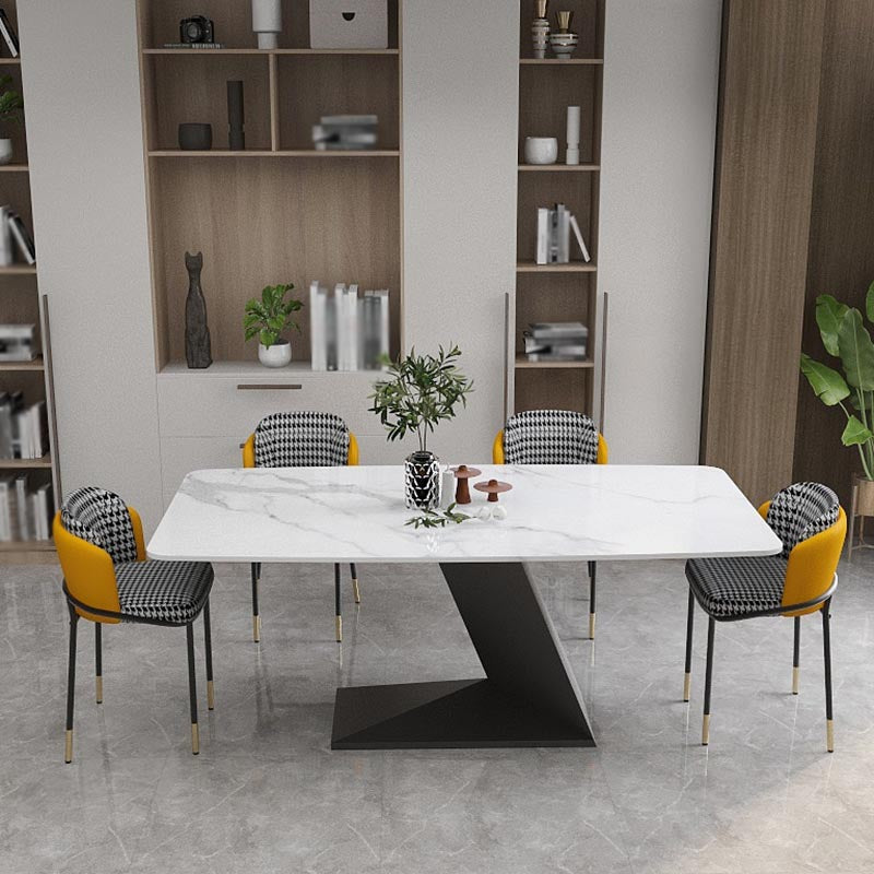 Stone Top Modern Dining Room Table Rectangle Dining Table with Black Pedestal Base White 55.1"L x 31.5"W x 29.5"H Without Chairs Clearhalo 'Dining Tables & Seating' 'Dining Tables' 'dining_table' 'furn' 'furn_dining_table' 'Furniture' 'furniture_dining_table' 'Kitchen & Dining Furniture' 'kitchen' 'kitchen_dining_table' 4853990