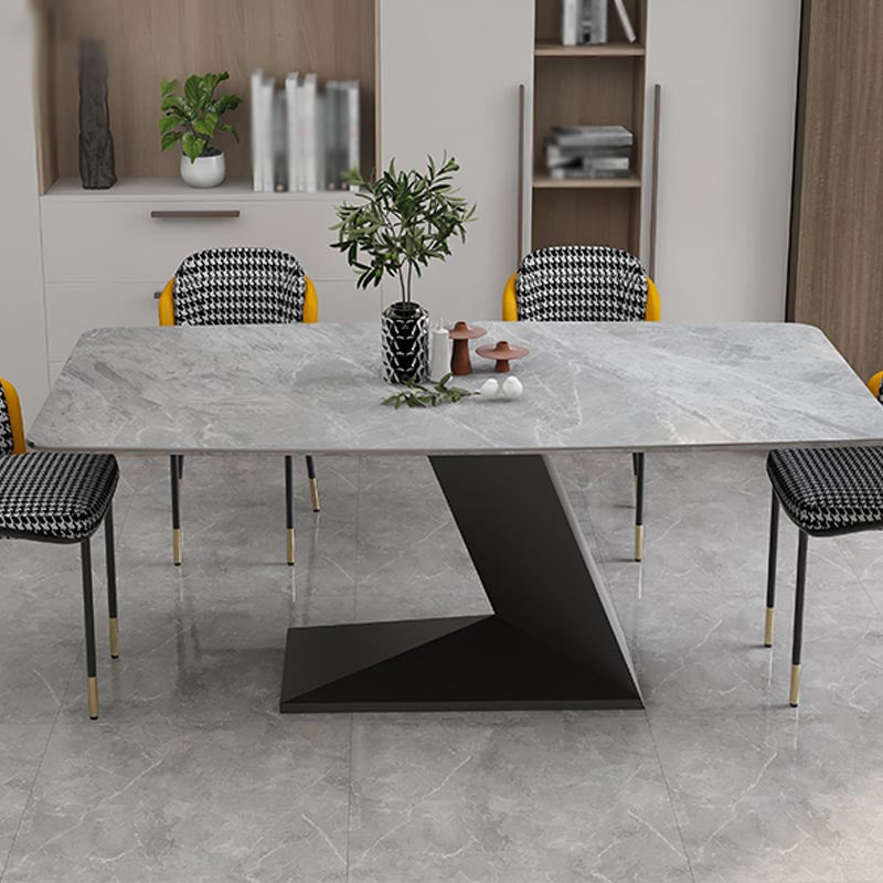 Stone Top Modern Dining Room Table Rectangle Dining Table with Black Pedestal Base Gray Without Chairs Clearhalo 'Dining Tables & Seating' 'Dining Tables' 'dining_table' 'furn' 'furn_dining_table' 'Furniture' 'furniture_dining_table' 'Kitchen & Dining Furniture' 'kitchen' 'kitchen_dining_table' 4853992