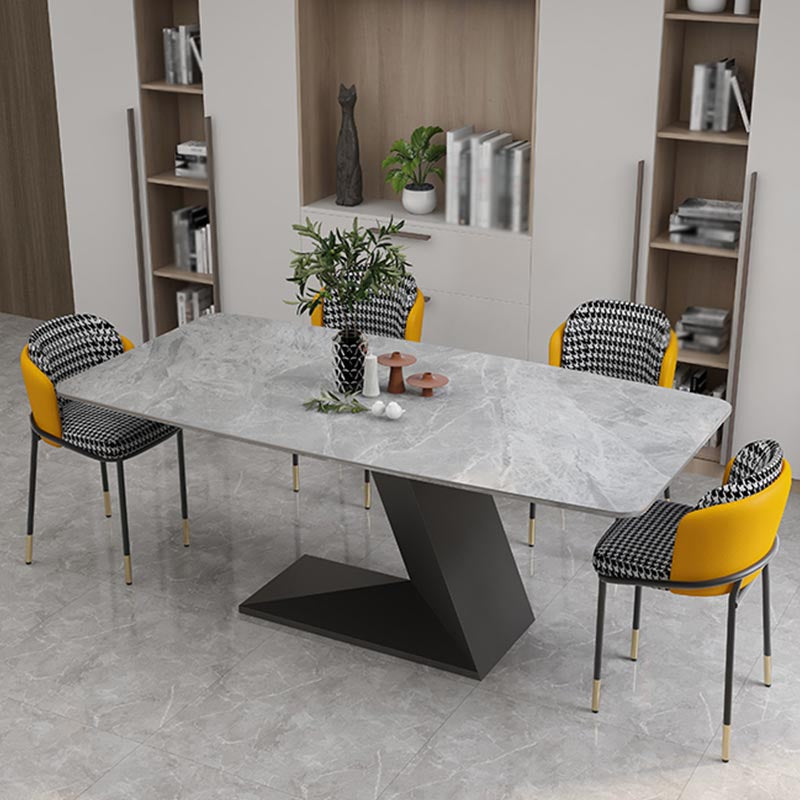 Stone Top Modern Dining Room Table Rectangle Dining Table with Black Pedestal Base Gray 70.9"L x 35.4"W x 29.5"H Without Chairs Clearhalo 'Dining Tables & Seating' 'Dining Tables' 'dining_table' 'furn' 'furn_dining_table' 'Furniture' 'furniture_dining_table' 'Kitchen & Dining Furniture' 'kitchen' 'kitchen_dining_table' 4853993