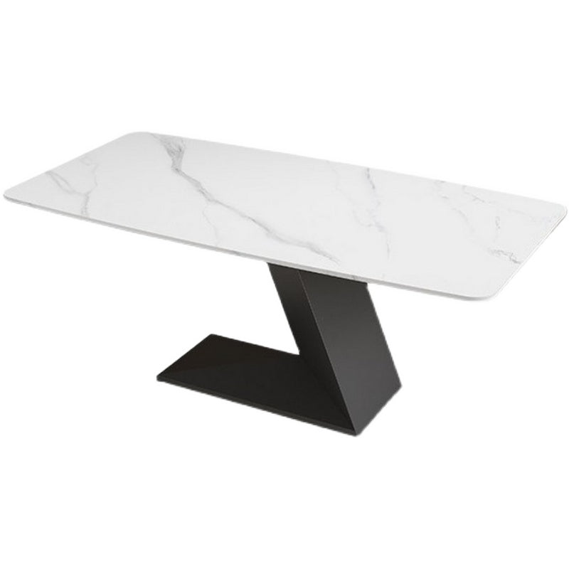 Stone Top Modern Dining Room Table Rectangle Dining Table with Black Pedestal Base White Without Chairs Clearhalo 'Dining Tables & Seating' 'Dining Tables' 'dining_table' 'furn' 'furn_dining_table' 'Furniture' 'furniture_dining_table' 'Kitchen & Dining Furniture' 'kitchen' 'kitchen_dining_table' 4853994
