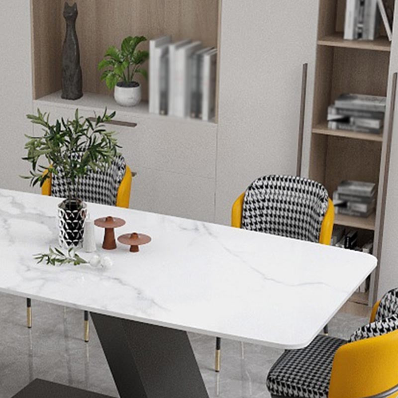 Stone Top Modern Dining Room Table Rectangle Dining Table with Black Pedestal Base Clearhalo 'Dining Tables & Seating' 'Dining Tables' 'dining_table' 'furn' 'furn_dining_table' 'Furniture' 'furniture_dining_table' 'Kitchen & Dining Furniture' 'kitchen' 'kitchen_dining_table' 4853995