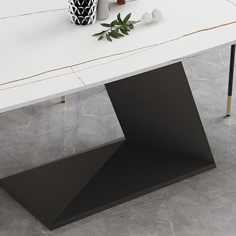 Stone Top Modern Dining Room Table Rectangle Dining Table with Black Pedestal Base Clearhalo 'Dining Tables & Seating' 'Dining Tables' 'dining_table' 'furn' 'furn_dining_table' 'Furniture' 'furniture_dining_table' 'Kitchen & Dining Furniture' 'kitchen' 'kitchen_dining_table' 4853996