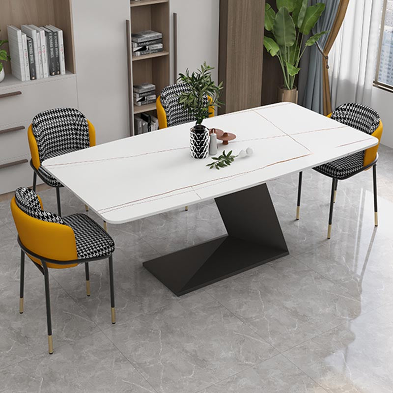 Stone Top Modern Dining Room Table Rectangle Dining Table with Black Pedestal Base Clearhalo 'Dining Tables & Seating' 'Dining Tables' 'dining_table' 'furn' 'furn_dining_table' 'Furniture' 'furniture_dining_table' 'Kitchen & Dining Furniture' 'kitchen' 'kitchen_dining_table' 4853998