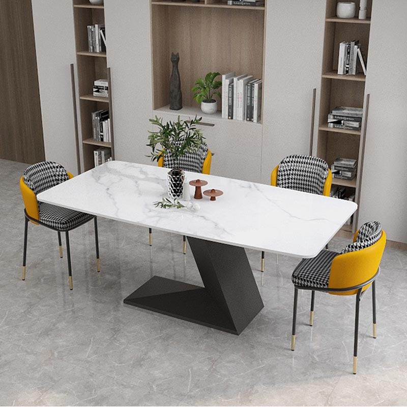 Stone Top Modern Dining Room Table Rectangle Dining Table with Black Pedestal Base Clearhalo 'Dining Tables & Seating' 'Dining Tables' 'dining_table' 'furn' 'furn_dining_table' 'Furniture' 'furniture_dining_table' 'Kitchen & Dining Furniture' 'kitchen' 'kitchen_dining_table' 4853999