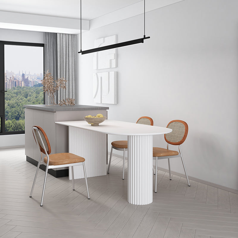 Minimalism Oval Dining Table Metal Double Pedestal Dining Table for Living Room White 55.1"L x 27.6"W x 29.5"H Without Chairs Clearhalo 'Dining Tables & Seating' 'Dining Tables' 'dining_table' 'furn' 'furn_dining_table' 'Furniture' 'furniture_dining_table' 'Kitchen & Dining Furniture' 'kitchen' 'kitchen_dining_table' 4854022