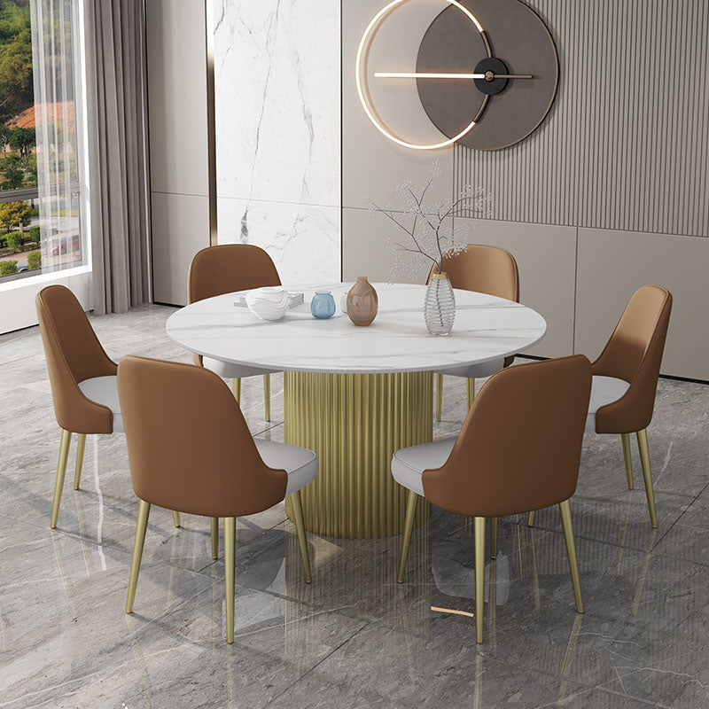 Glam 1/7 Pieces Dining Set Circular Stone Dining Table for Kitchen 7 Pieces: Table, 6 White Chairs Clearhalo 'Dining Room Sets' 'Dining Tables & Seating' 'dining_room_set' 'furn' 'furn_dining_room_set' 'Furniture' 'furniture_dining_room_set' 'Kitchen & Dining Furniture' 4854980