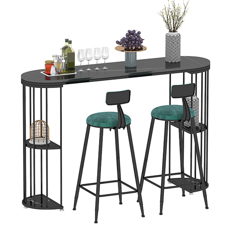 Glam Iron Bistro Table Stone Top Oval Indoor Bar Dining Table with 2-Shelf Black Black Clearhalo 'Bar Furniture' 'Bar Tables' 'bar_tables' 'furn' 'furn_bar_tables' 'Furniture' 'furniture_bar_tables' 'Kitchen & Dining Furniture' 4855203