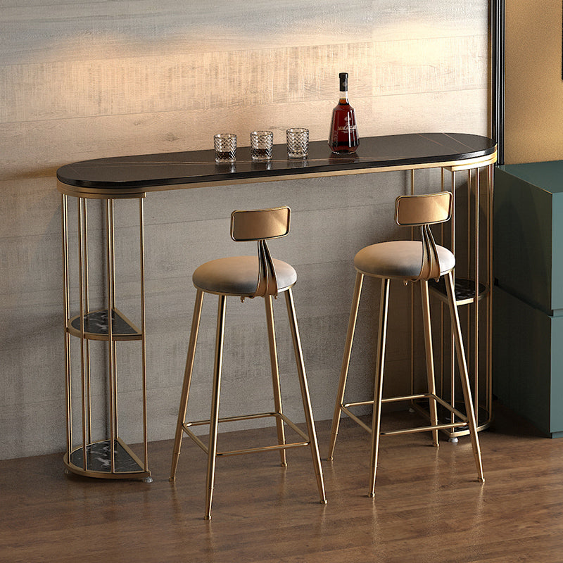 Glam Iron Bistro Table Stone Top Oval Indoor Bar Dining Table with 2-Shelf 63"L x 15.7"W x 41.3"H Gold Black Clearhalo 'Bar Furniture' 'Bar Tables' 'bar_tables' 'furn' 'furn_bar_tables' 'Furniture' 'furniture_bar_tables' 'Kitchen & Dining Furniture' 4855205