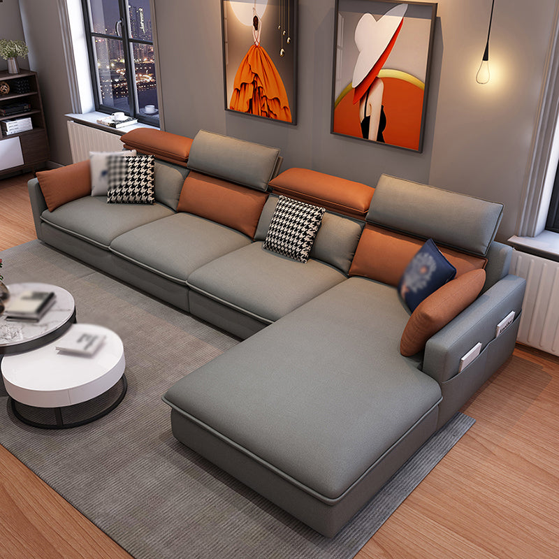 L-Shape Faux leather Square Arm High Back Sectional with Storage and Stain-Resistant Orange Light Grey Clearhalo 'furn' 'furn_sectionals' 'Furniture' 'furniture_sectionals' 'kitchen' 'kitchen_sectionals' 'Living Room Furniture' 'Sectionals' 4855427