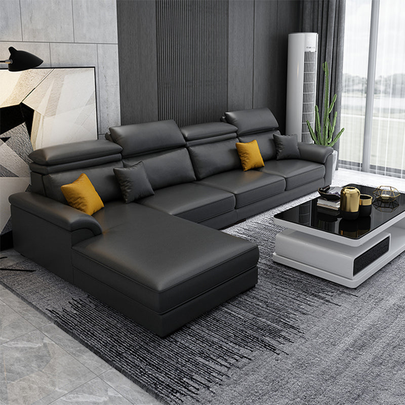 Scandinavian L-Shape Sofa and Chaise Pillow Top Arm High Back Sectional with Slipcover Dark Gray Faux Leather Clearhalo 'furn' 'furn_sectionals' 'Furniture' 'furniture_sectionals' 'kitchen' 'kitchen_sectionals' 'Living Room Furniture' 'Sectionals' 4855441