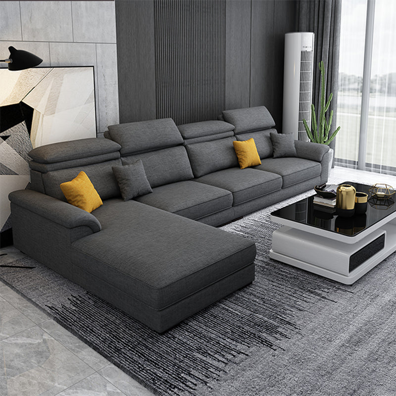 Scandinavian L-Shape Sofa and Chaise Pillow Top Arm High Back Sectional with Slipcover 142"L x 71"W x 37.4"H Dark Gray Linen Blend Clearhalo 'furn' 'furn_sectionals' 'Furniture' 'furniture_sectionals' 'kitchen' 'kitchen_sectionals' 'Living Room Furniture' 'Sectionals' 4855444
