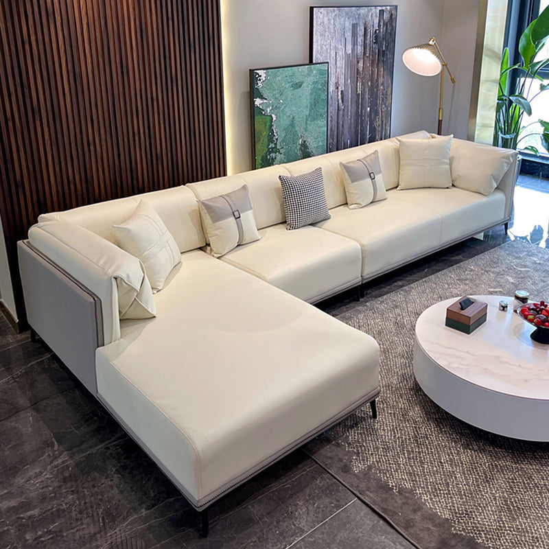Modern Faux Leather Pillow Top Arm Sofa/Sectional Pillowed Back Cushions for Apartment 140"L x 69"W x 29.5"H White-Gray Clearhalo 'furn' 'furn_sectionals' 'Furniture' 'furniture_sectionals' 'kitchen' 'kitchen_sectionals' 'Living Room Furniture' 'Sectionals' 4855471