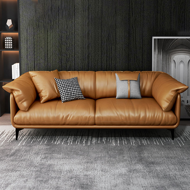 Tan Cushion Back Contemporary Stain-Resistant Genuine Leather Sofa 70"L x 36"W x 31"H Clearhalo 'furn' 'furn_sectionals' 'Furniture' 'furniture_sectionals' 'kitchen' 'kitchen_sectionals' 'Living Room Furniture' 'Sectionals' 4855541