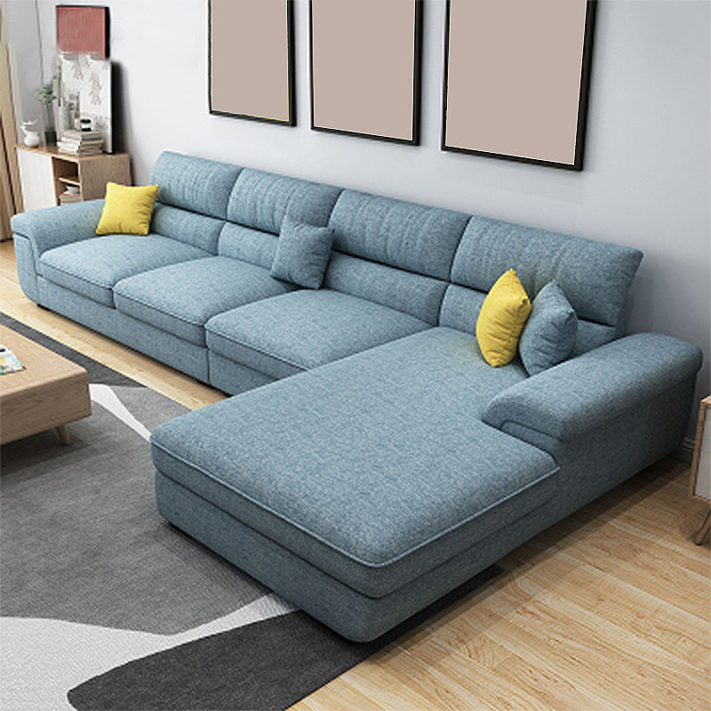 L-Shape High Back Sectional Slipcovered Pillow Top ArmSofa and Chaise 126"L x 71"W x 37"H Light Blue Linen Blend Clearhalo 'furn' 'furn_sectionals' 'Furniture' 'furniture_sectionals' 'kitchen' 'kitchen_sectionals' 'Living Room Furniture' 'Sectionals' 4855565