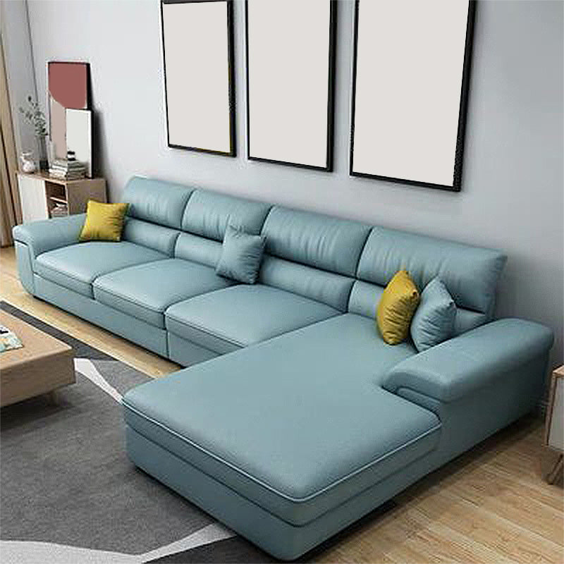 L-Shape High Back Sectional Slipcovered Pillow Top ArmSofa and Chaise Light Blue Faux Leather Clearhalo 'furn' 'furn_sectionals' 'Furniture' 'furniture_sectionals' 'kitchen' 'kitchen_sectionals' 'Living Room Furniture' 'Sectionals' 4855567