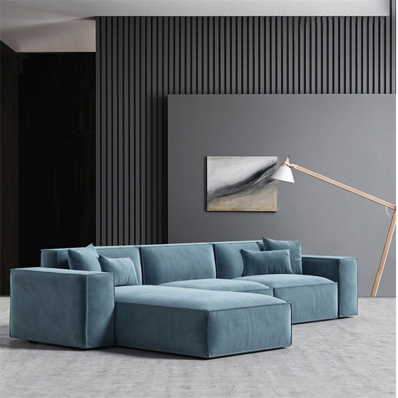 Square Arm Cushion Back Modern Velvet Living Room L-Shape Sofa 121"L x 71"W x 29"H Lake Blue Clearhalo 'furn' 'furn_sectionals' 'Furniture' 'furniture_sectionals' 'kitchen' 'kitchen_sectionals' 'Living Room Furniture' 'Sectionals' 4855578