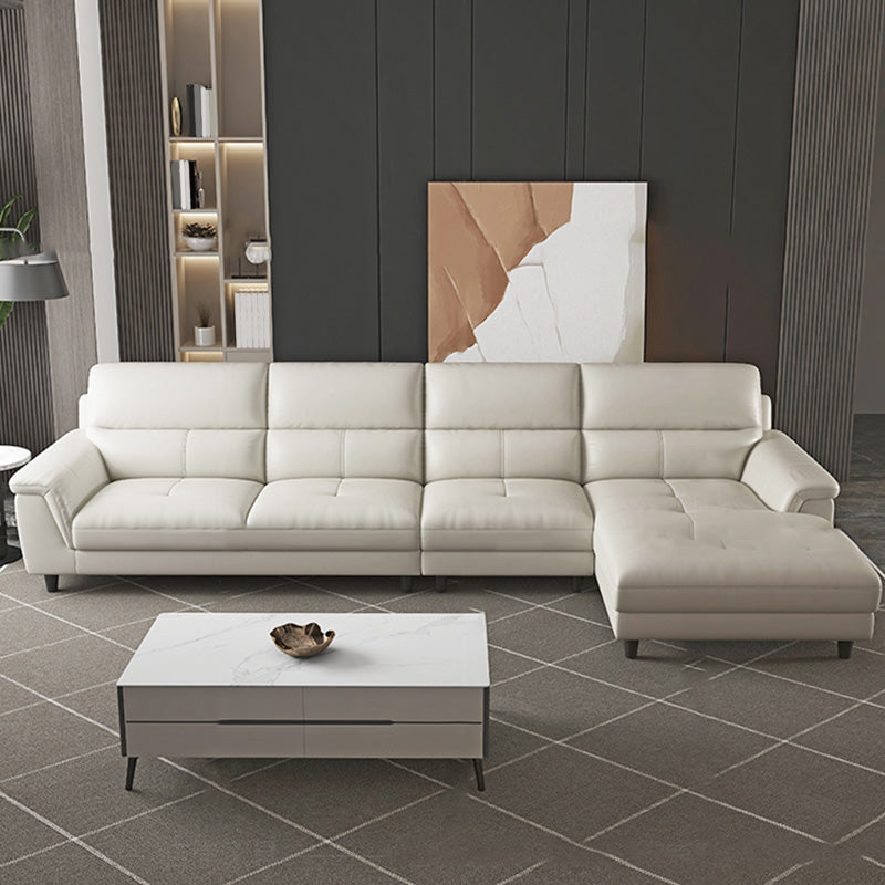 Modern Cream High Back Sofa and Chaise Pillow Top Arm Leather Sectional 136"L x 68"W x 37"H Leather Clearhalo 'furn' 'furn_sectionals' 'Furniture' 'furniture_sectionals' 'kitchen' 'kitchen_sectionals' 'Living Room Furniture' 'Sectionals' 4855680