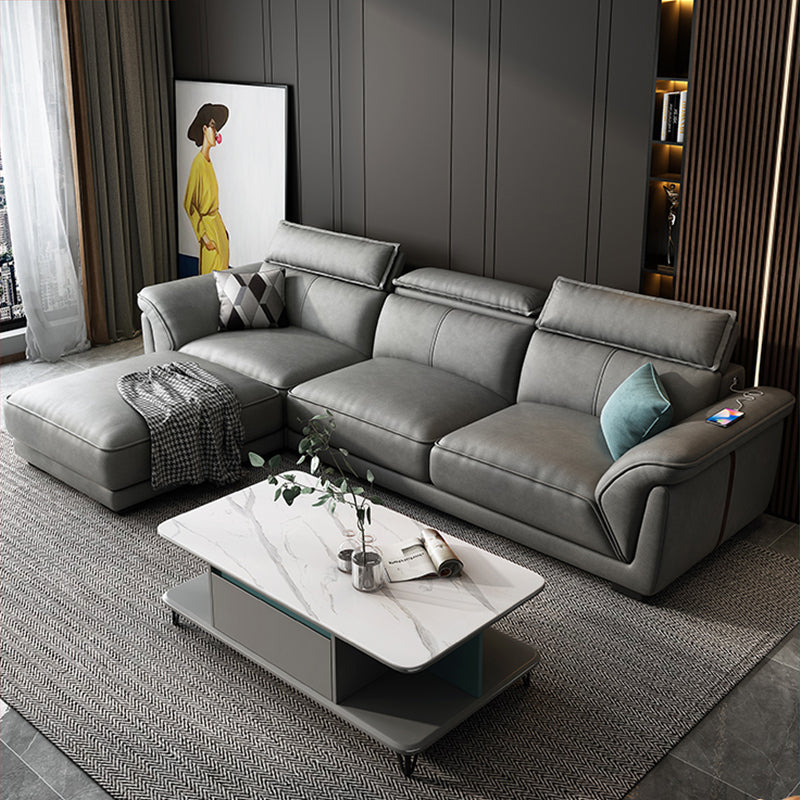 Modern Faux Leather Sectional Sofa 33.46"High Flared Arm Sofa and Chaise, Grey 98"L x 69"W x 33.5"H Latex Clearhalo 'furn' 'furn_sectionals' 'Furniture' 'furniture_sectionals' 'kitchen' 'kitchen_sectionals' 'Living Room Furniture' 'Sectionals' 4855749