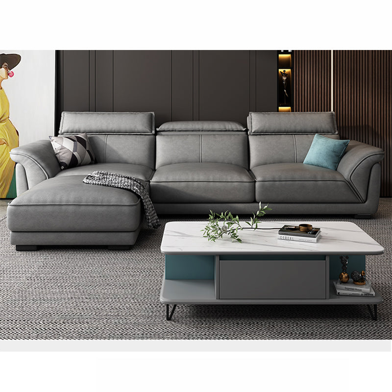 Modern Faux Leather Sectional Sofa 33.46"High Flared Arm Sofa and Chaise, Grey 98"L x 69"W x 33.5"H Sponge Clearhalo 'furn' 'furn_sectionals' 'Furniture' 'furniture_sectionals' 'kitchen' 'kitchen_sectionals' 'Living Room Furniture' 'Sectionals' 4855750