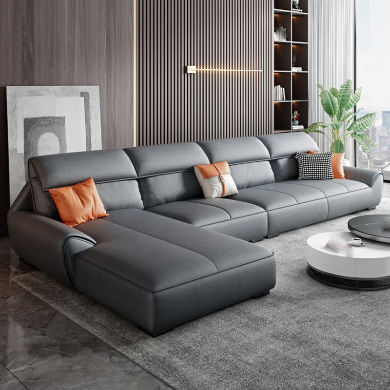 Faux leather High Back Sofa Stain-Resistant Sectional with Flared Arm 126"L x 69"W x 35"H Clearhalo 'furn' 'furn_sectionals' 'Furniture' 'furniture_sectionals' 'kitchen' 'kitchen_sectionals' 'Living Room Furniture' 'Sectionals' 4855817