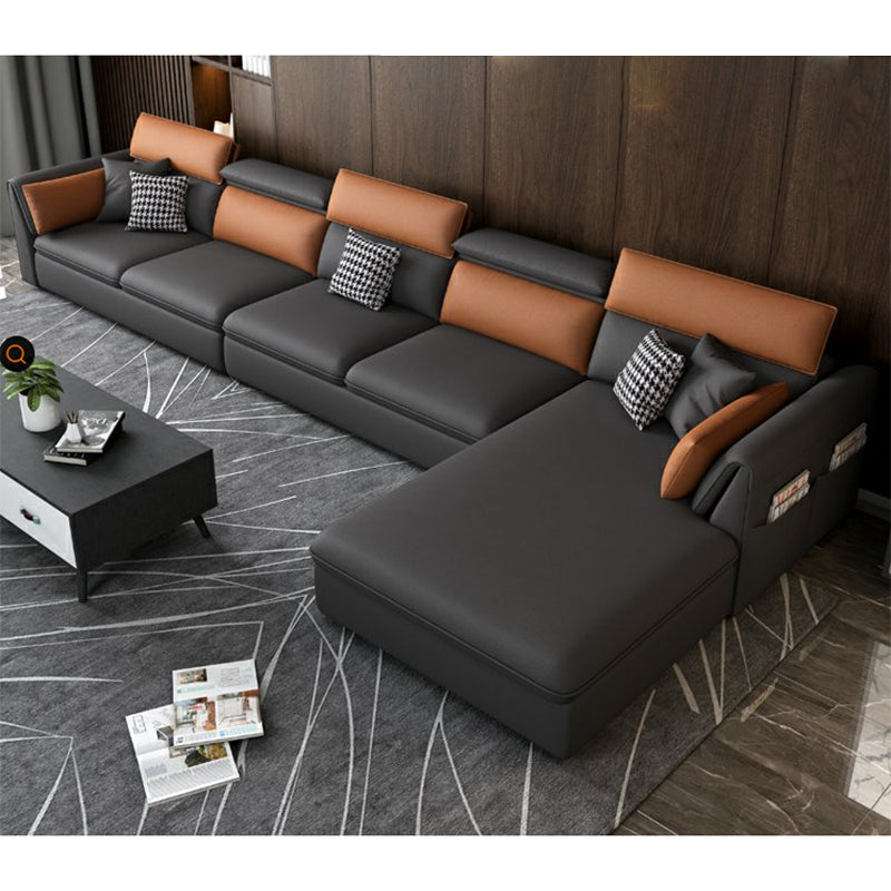 Stain-Resistant Faux Leather Flared Arm Sectional with Pillowed Back Cushions 153.5"L x 67"W x 36"H Clearhalo 'furn' 'furn_sectionals' 'Furniture' 'furniture_sectionals' 'kitchen' 'kitchen_sectionals' 'Living Room Furniture' 'Sectionals' 4855829