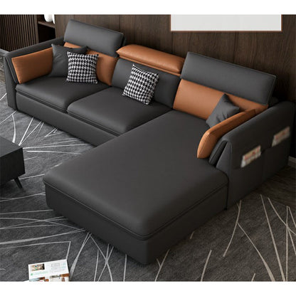 Stain-Resistant Faux Leather Flared Arm Sectional with Pillowed Back Cushions 98"L x 67"W x 36"H Clearhalo 'furn' 'furn_sectionals' 'Furniture' 'furniture_sectionals' 'kitchen' 'kitchen_sectionals' 'Living Room Furniture' 'Sectionals' 4855830
