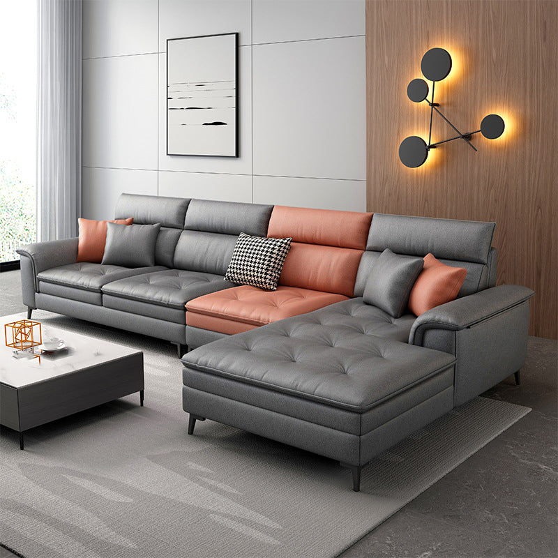 133.86" L √ó 68.89" W √ó 37.40" H Faux Leather Sofa High Back Square Arm Sectional Orange Dark Grey Clearhalo 'furn' 'furn_sectionals' 'Furniture' 'furniture_sectionals' 'kitchen' 'kitchen_sectionals' 'Living Room Furniture' 'Sectionals' 4855841