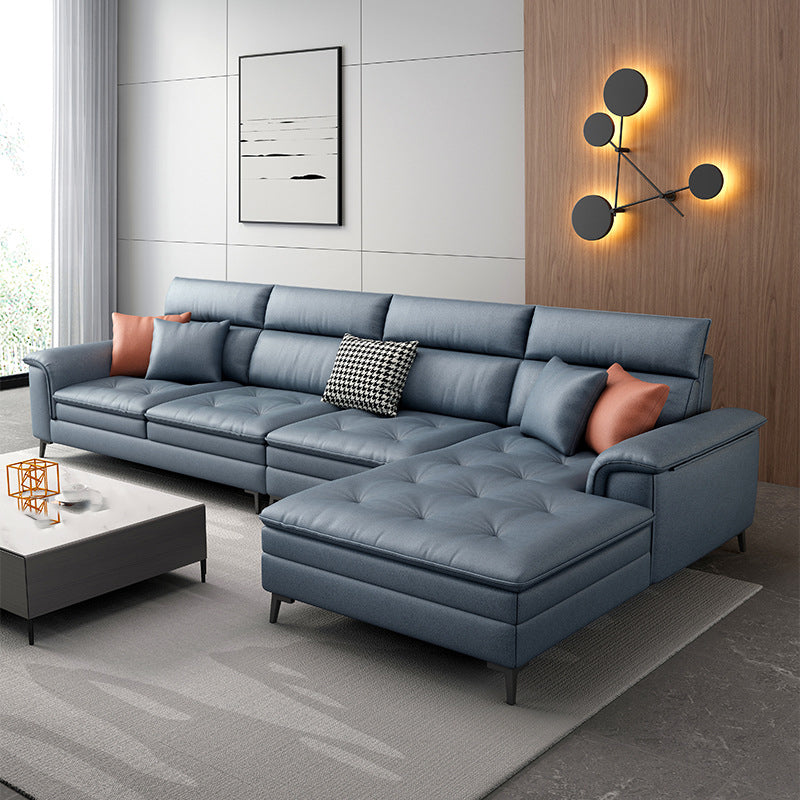 133.86" L √ó 68.89" W √ó 37.40" H Faux Leather Sofa High Back Square Arm Sectional Blue Clearhalo 'furn' 'furn_sectionals' 'Furniture' 'furniture_sectionals' 'kitchen' 'kitchen_sectionals' 'Living Room Furniture' 'Sectionals' 4855843