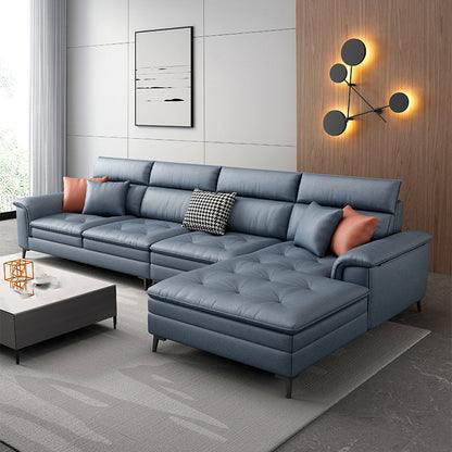 133.86" L √ó 68.89" W √ó 37.40" H Faux Leather Sofa High Back Square Arm Sectional Blue Clearhalo 'furn' 'furn_sectionals' 'Furniture' 'furniture_sectionals' 'kitchen' 'kitchen_sectionals' 'Living Room Furniture' 'Sectionals' 4855843