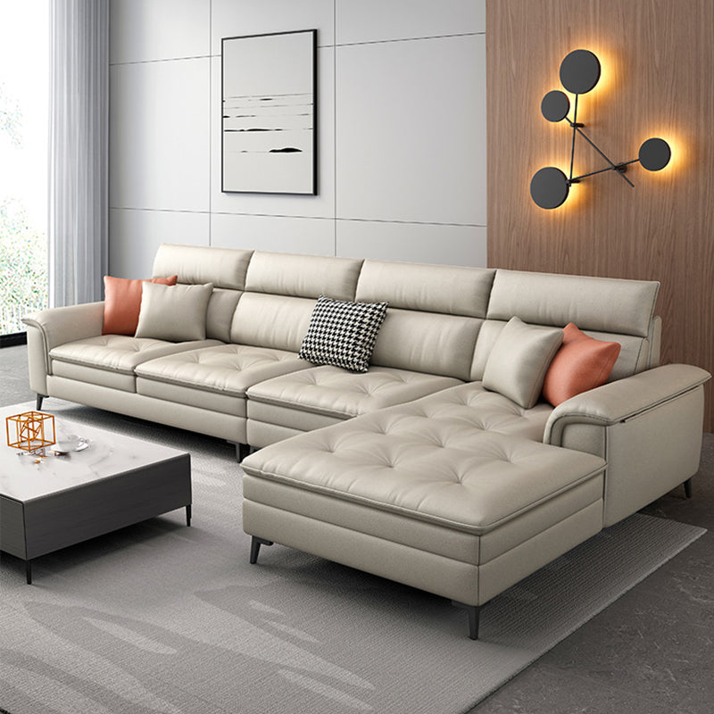 133.86" L √ó 68.89" W √ó 37.40" H Faux Leather Sofa High Back Square Arm Sectional Beige Clearhalo 'furn' 'furn_sectionals' 'Furniture' 'furniture_sectionals' 'kitchen' 'kitchen_sectionals' 'Living Room Furniture' 'Sectionals' 4855844